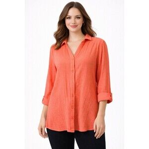 Chico’s 2 Coral Cotton Button Down Shirt Roll Tab Sleeve Blouse L Casual Coastal